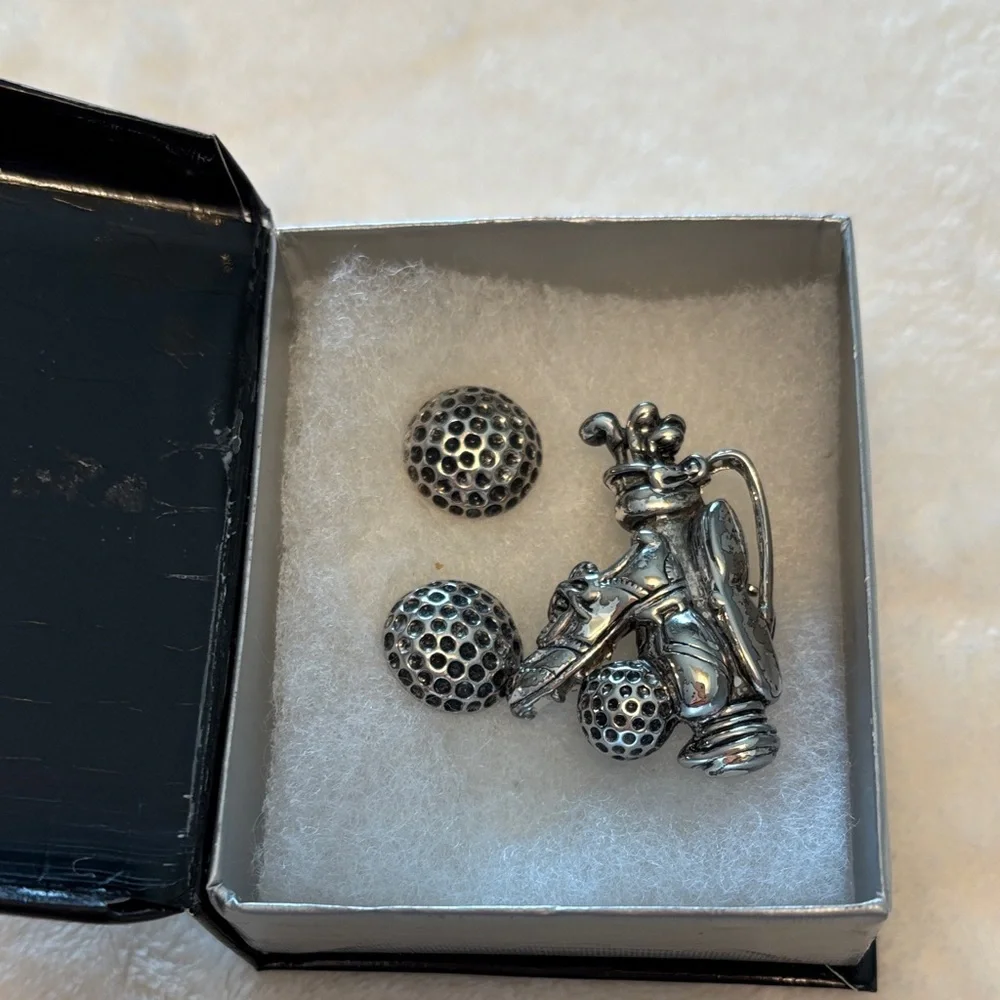 New w/Box Silver Golf-Themed Earrings and Pin - Tee Off!